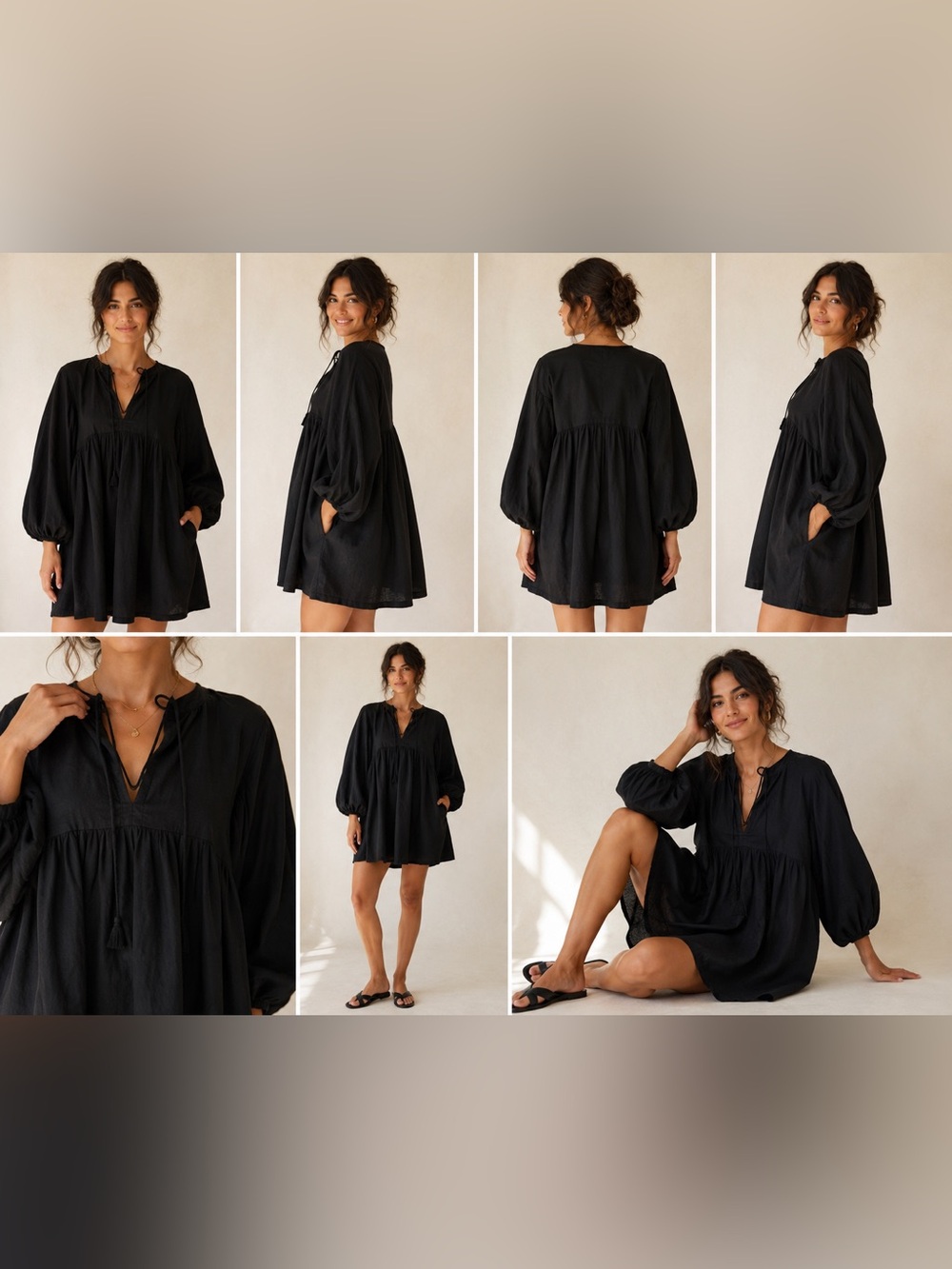 House of Sundar Black Cotton Babydoll Balloon Sleeve Mini Dress XXL Boho